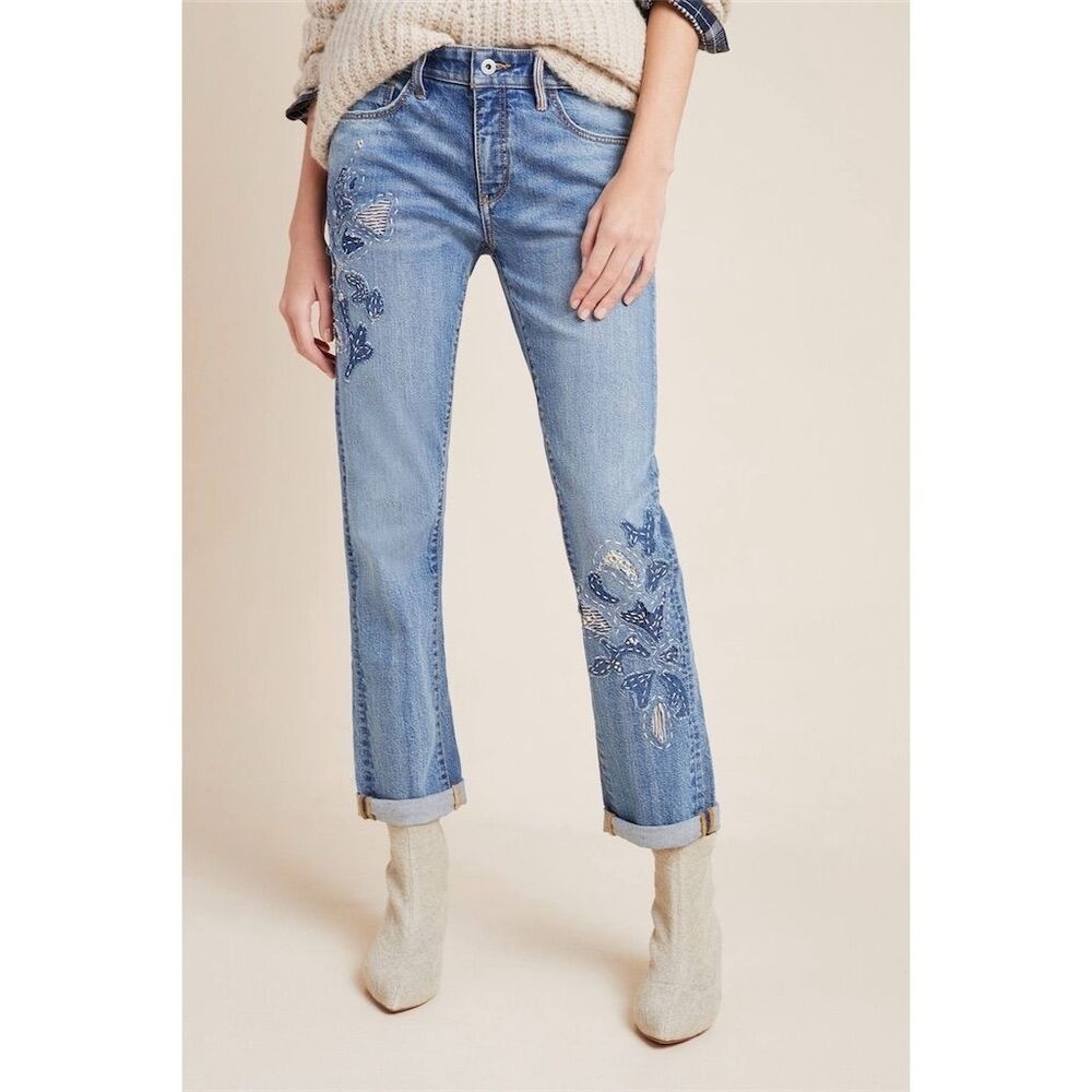 Anthro Pilcro Slim Boyfriend Embroidered Patchwork Floral Jeans Size 28 - Picture 1 of 15